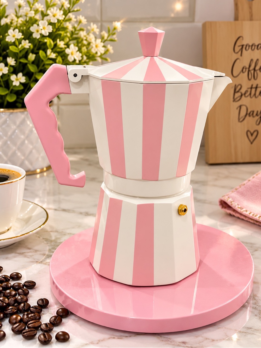 Pink & White Striped Stovetop Espresso Maker - Stylish Coffee Moka Pot